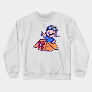 Cute Boy Pilot Driving Cardboard Plane Cartoon Crewneck Sweatshirt